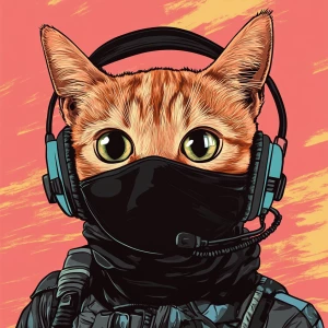 A wide-eyed ginger cat wearing a black tactical balaclava (or ma...