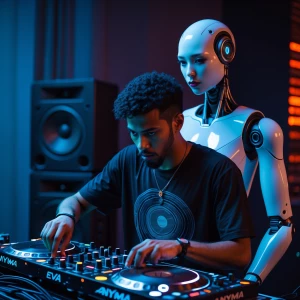 Anyma, a DJ, is positioned in front of his high-tech DJ equipmen...