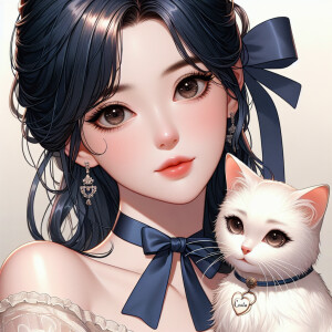 Realistic anime woman with dark blue hair and dark brown eyes. S...