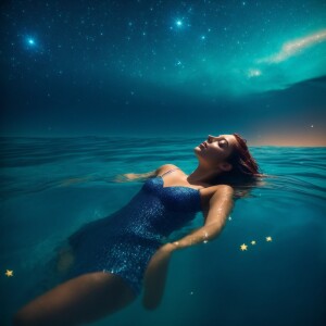 Woman swimming laying on her back on the serenity ocean, add sta...