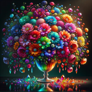 A vibrant and whimsical bouquet of glossy, multicolored flowers, each petal radiating joy in a spectrum of red, pink, blue, purple, orange, and yellow hues, assembled in a reflective, curved glass vase. The stems and leaves are rendered in rich, lifelike greens, contrasting beautifully with the brightly hued petals. The vase, positioned on a dark surface, holds a magical arrangement where the lower half is filled with layers of sparkling, jewel-toned crystals, creating a rainbow gradient from green to blue to fiery orange. Each flower seems to have a character of its own, contributing to a cheerful and enchanting composition that exudes the essence of a dreamy, enchanted garden.