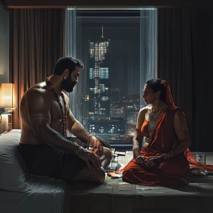 realism style .A sweaty beefy muscular man sitting with his 54 y...