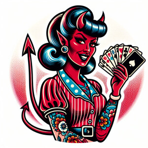 Devil woman pin-up with playing cards  in a new school tattoo st...