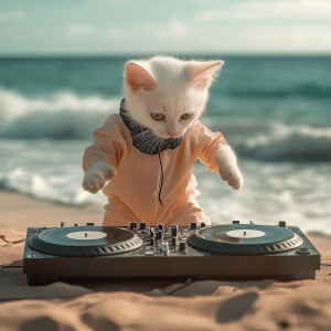 A white kitten in a jumpsuit acting as a DJ with turntables on a...