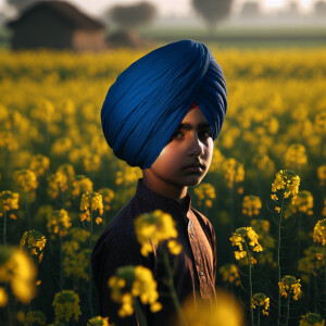 A mysterious sikh turban boy standing alone in mustard fields