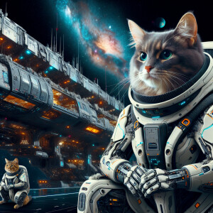 generate an image of futuristic cyberpunk cats dressed in outer...