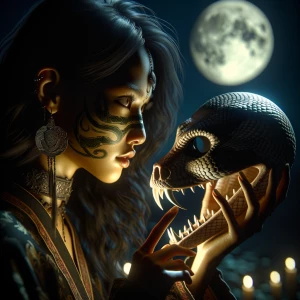 Female wearing a snake skull mask