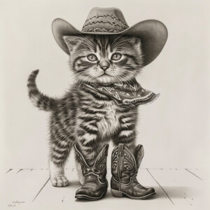 A great black and white striped tabby cat wearing cowboy boots a...