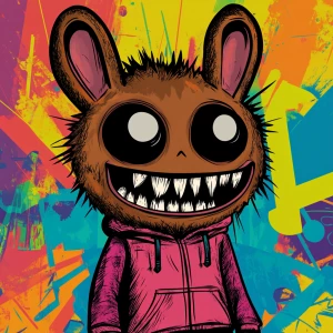 Stylized character portrait of a mischievous designer toy creat...