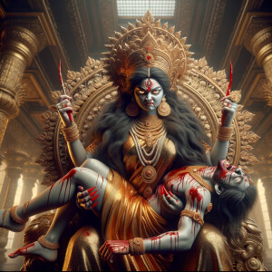 portrait of angry looking goddess durga sitting on a gold crown and carrying a weak mahishasur on her lap and poking him with her amazingly long red fingernails. She is covered in blood. The scene is set in ancient India. The image is 8K resolution, cinematic, photography, ultra detailed face and epic.