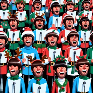 A chorus of animated Paul mccartneys singing Christmas carols, e...