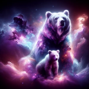 Hyperrealistic purple and light pink colors scene featuring a majestic Bear, bear and a bear cub, blending, with cosmic undertones. Surrounded by swirling galaxies and nebulas. Elements of celestial beauty.