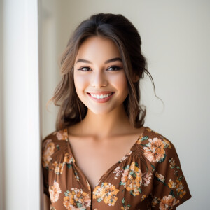 A cute woman

Californian

Smiling 

Clothes: Floral Dress

Look...