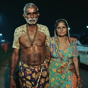 A muscular Gujarati man, glistening with sweat, escorts his 54-y...