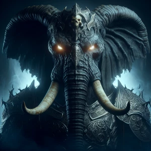 Generate an image of a menacing, demonic elephant glowing eyes,...
