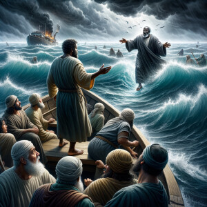 African-American Jesus telling Peter to come walk on the water,...