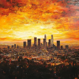 A vivid depiction of the city of Los Angeles bathed in the warm,...