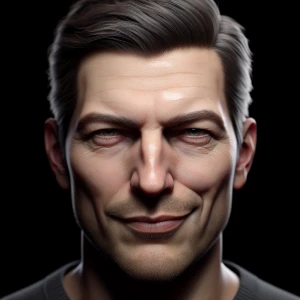 Design a hyper-realistic portrait of a man whose visage exudes c...