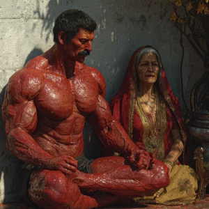 Hyperrealistic image,A man muscular beefy sweaty doinga yoga sit...