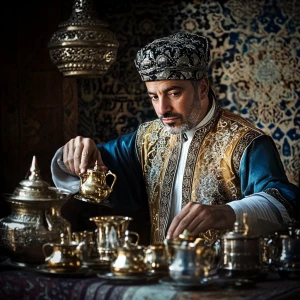 ein tradionell gekleiderter marokkanischer Mann serviert einen t...