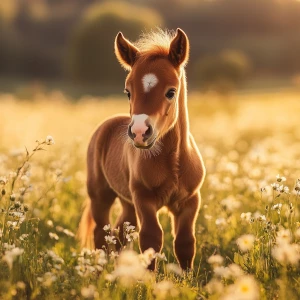 A stunningly realistic chestnut baby horse (foal) standing in a...