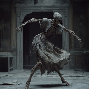 A haunting cinematic scene unfolds as a dancer moves gracefully,...