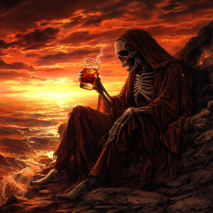 Reaper having a drink of scotch on the rocks in a glass with Suk...