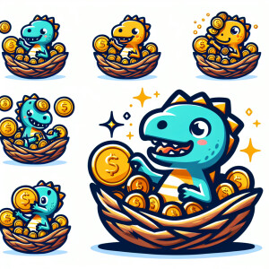 A cute dinosaur that collects shiny coins, representing the time...