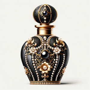 Design a fancy, black and gold bottle of perfume in the shape of a woman’s body. With a golden diamond top, flowers pearls and Diamonds in the name, Karen