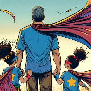 A Puertorican father, with a receding hairline, is holding the h...