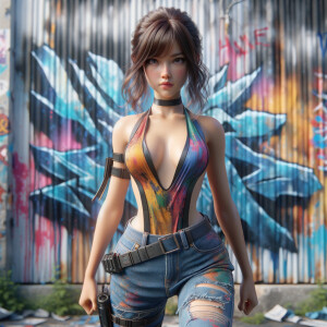 teenage girl, long brown hair and bangs, wearing tight skinny jeans and a halter top paint marks on her clothing, heroic pose Asian graffiti background, backside view