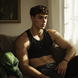 1 boy(European face , Handsome, attractive,sweatshort,, top blac...