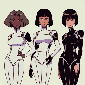 1990s anime screencap, 3 girls in plugsuit, standing with hands...