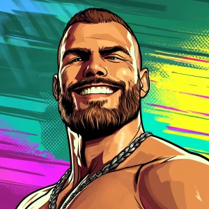 White muscular thin man with beard, big chin, smile and cheekbon...