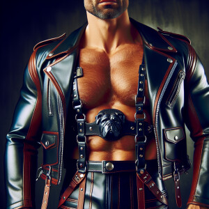 Male leather daddy dressed in tight leather chaps and wearing a...