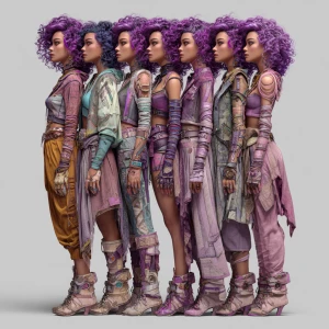 Create an image of a lineup of multiple versions of a female sup...