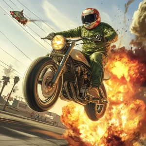 PEPE meme.hitting jumps on a motorcycle while things explode aro...