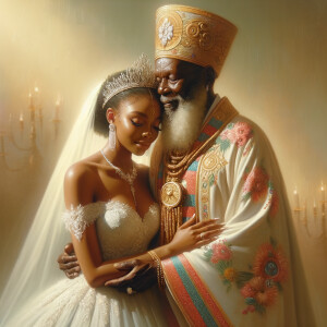 Imagine a hyper-realistic oil painting that captures a tender moment between theAfrican American bride and her God. The setting is intimate and filled with soft, warm lighting that enhances the emotional depth of the scene. The bride, in herexquisite wedding gown, shares a heartfelt embrace with her african-American Lord Jesus , who is dressedin an elegant outfit that complements the wedding's color scheme. Their expressions are full of love, pride, and joy, reflecting the special bond between them. Theattention to detail is paramount, from the intricate designs of their dresses to the subtle emotions conveyed in their facial expressions. The background is a blur ofgentle pastel hues, ensuring that the focus remains on this touching moment. Thispainting should convey the warmth, love, and depth of the relationship, with the rich textures and vibrant strokes characteristic of oil paintings, capturing the essence of this significant pre-wedding moment.