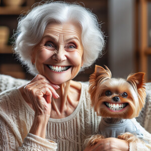 Whimsical  old lady sitting in her living room. A simple closed...