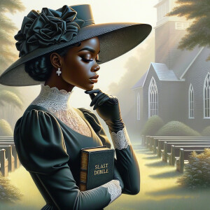 Render an airbrush oil painting of an African American woman with flawless makeup in a
contemplative pose, holding a Bible close to her heart, dressed in an elegant Sunday Best
outfit with a distinctive Church Hat. The background features a peaceful church garden,
with light filtering through the trees, highlighting her spiritual connection and the personal
moment of reflection. The artwork should capture the tranquility of the scene, the beauty
of her attire, and the depth of her contemplation, reflecting a serene and spiritually