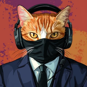 An orange and white cat wearing a black balaclava that exposes o...