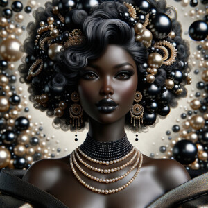 Imagine a digital portrait of a light skinned African-American Latino regal woman named KAREN Her attire and accessories are exclusively adorned with black and gold pearls. They grace her voluminous hair, styled in an elegant updo, where the black pearls form the roots and the gold pearls create the stunning curls. Her ears boast chandelier earrings, with black pearls clustered at the top, transitioning to gold pearls that dangle with delicate grace. Around her neck, a tiered necklace cascades with strands of alternating black and gold pearls, reflecting a sophisticated contrast.

Her shoulders are draped with a luxurious off-shoulder gown, the fabric's weave incorporating intricate patterns formed by black and gold pearls. The gown's texture has a subtle sheen, suggesting a high-quality material with a pearlescent finish. As a centerpiece, a grand brooch sits at her collar, with a large gold pearl surrounded by an elaborate design of smaller black pearls.

The background of the portrait features an abstract composition of floating pearls, swirling in a dance of shadows and light, emphasizing the color theme of black and gold. The name "KAREN" is discreetly integrated into the lower right corner of the artwork, blending seamlessly with the design, as if it were a signature part of the jewelry ensemble. The overall effect is one of timeless elegance, a blend of modern design and classic beauty, all tied together by the luxurious palette of black and gold.