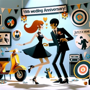 ‘Happy 19th Anniversary!’ Written
A 60s mod vibe with a tan male...