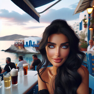 A stunning woman with flowing black hair and captivating blue ey...