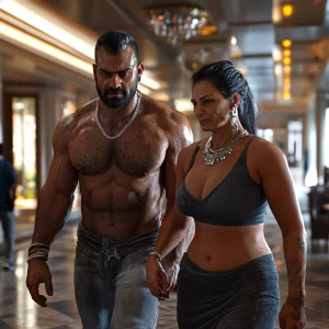 Hyperrealistic 1:1,A sweaty beefy man walking with his 54 year o...