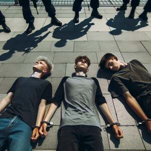 three caucasian male teens handcuffed, laying flat face down on...