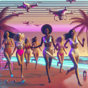 Group of women running down the beach nakd