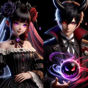 A girl named lilith with elegant gothic lolita dress sit beside Handsome Lucifer with Black Horn, Msyterious Aura of Black Red Purple, Lilith and Lucifer evil smirk, glowing eyes, 3D Humanlike, High Res