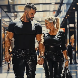 Realism,a muscular sweaty beefy,man walking with his 50 years ol...