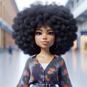 3D animated female light skinned, round face, full lips, afro bl...